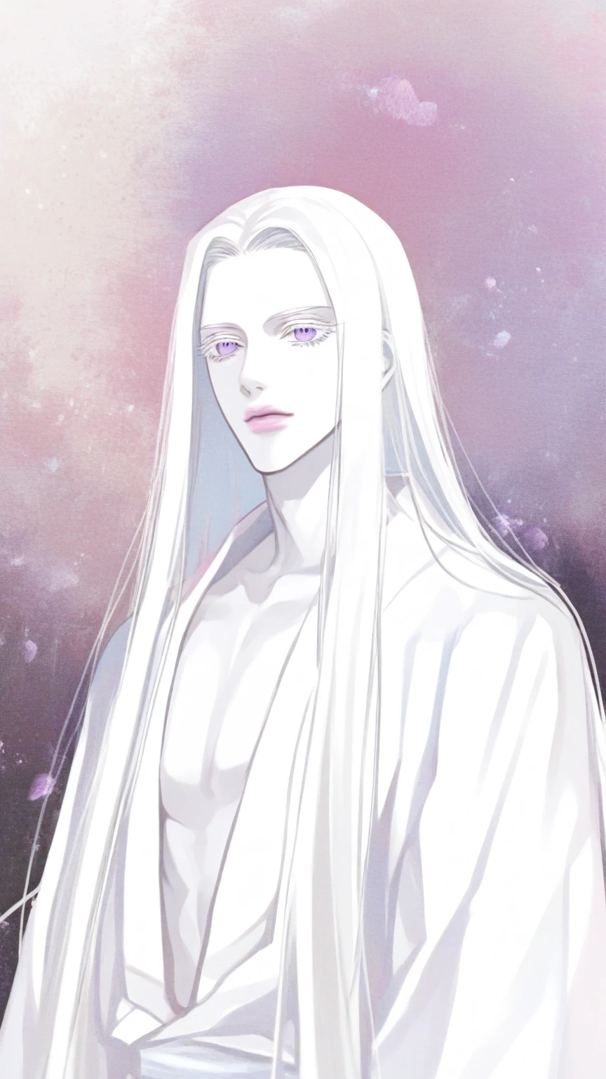 there is a male anime character with white hair and a white cape, white haired deity, beautiful male god of death, with long white hair, white haired, moon behind him, inspired by Sigurd Swane, with white long hair, silvery skinned male, god of moon, skinny male fantasy alchemist, white-haired, inspired by Bian Shoumin
