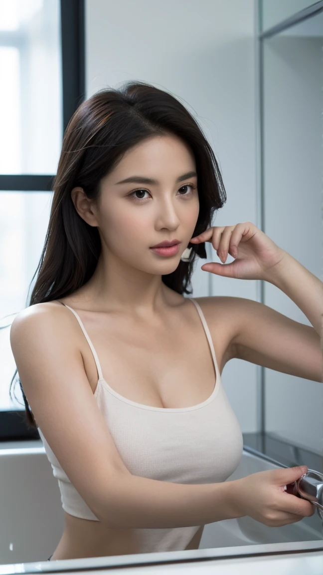 Image of a woman from the chest up、show cleavage、Glossy, soft skin、big breasts、upward glance、Images showing faces、1 person、Korean