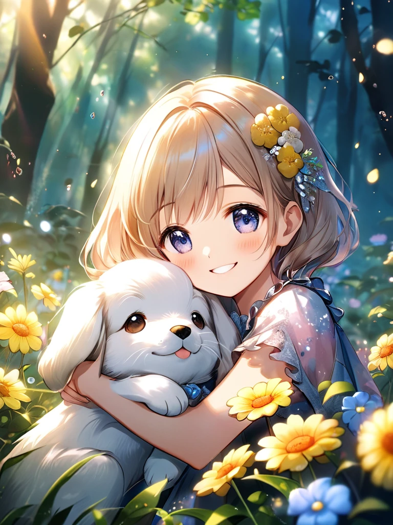 A whimsical watercolor painting of a cheerful girl named Amy who encounters a tiny fairy with sparkling wings in a garden full of colorful flowers. The fairy whispers to her that the flowers have magical powers that can grant wishes, but only to those who are pure and kind in their hearts. Amy closes her eyes and makes a wonderful wish, hoping for a friend to play with. When she opens her eyes, she is overjoyed to see that her wish has come true. She has a fluffy puppy with a bow on its collar as her new companion. --auto --s2
