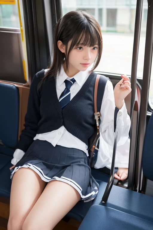 High angle shot、Center View、Asian woman in a short skirt and bow tie sitting on a train、Cute school girl、Japanese girls uniform、Wear Japan 、Japanese 、Surreal 、Dressed as a high school girl、Surreal 、Wear a uniform、Realistic high school girl、Girl in uniform、Wear a uniform、 stop temporarily、Ezvian everywhere、Beautiful Skin、Glowing Skin、Nice thighs、Shining thighs、Shining Legs、barefoot , Japanese High School 、Nogizaka idol、Korean Idol