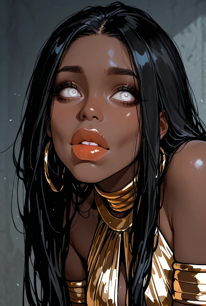 Rabbit woman with brown skin, white hair, red eyes, muscular, big breasts, wearing swimming clothes