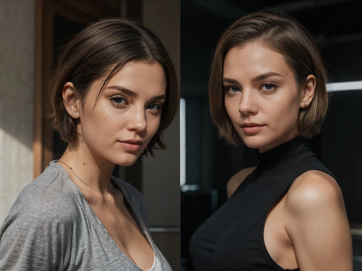 2heads, 2heads attached to one body, short hair, tank top, cleavage, large breasts