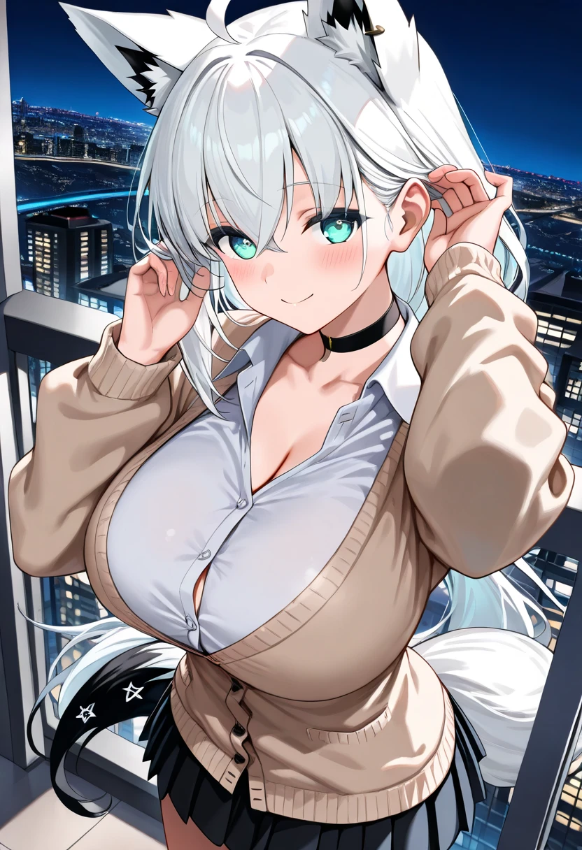 one-girl,Off-the-shoulder attire,Leaking out of the shoulder,little breast,cleavage,half-body portrait,street Tokyo,White color hair,blue color eyes,Raised sexy,Be red in the face,Charming,body curve