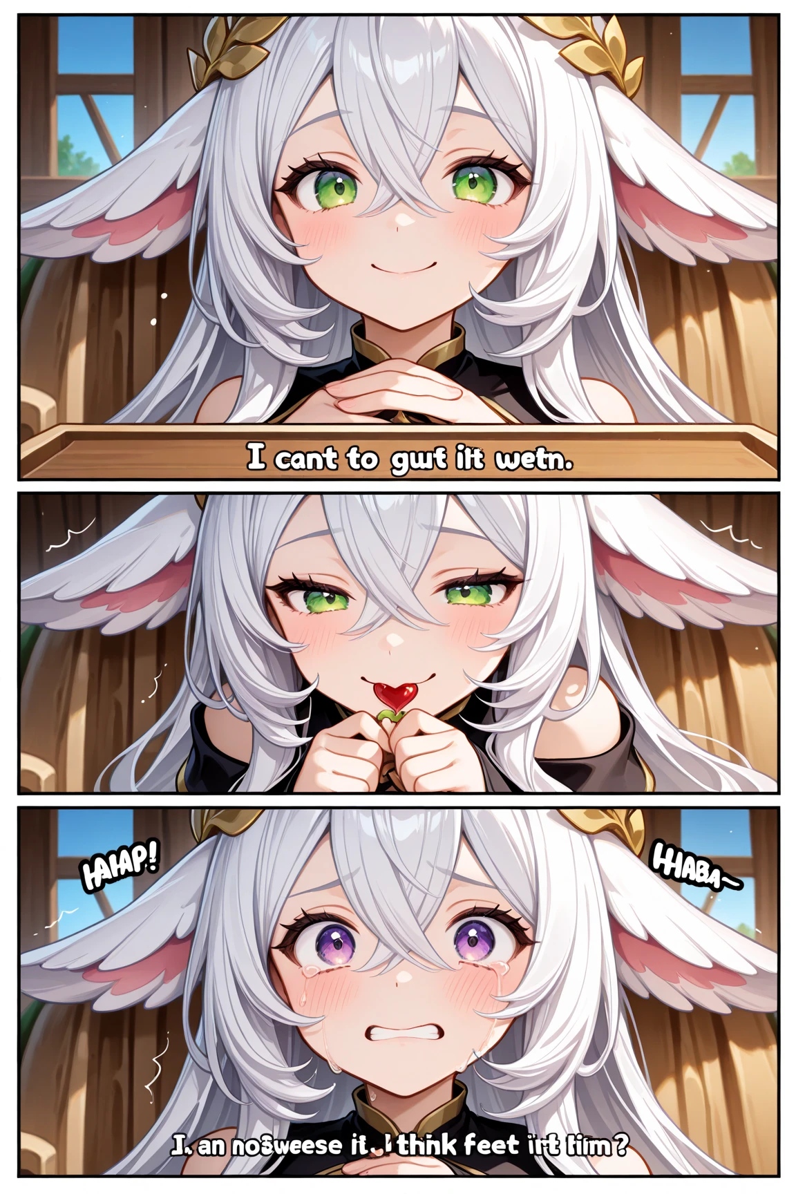 <lora:HowToHoldMeme:1> HowToHoldMeme, chibi, <lora:ngnl_jibril:1> ngnl_jibril, long hair,pink hair,halo,large breasts,symbol-shaped pupils,tatoo,cleavage,low wings,gloves, sideboob,midriff,asymmetrical legwear,mismatched legwear,drooling,