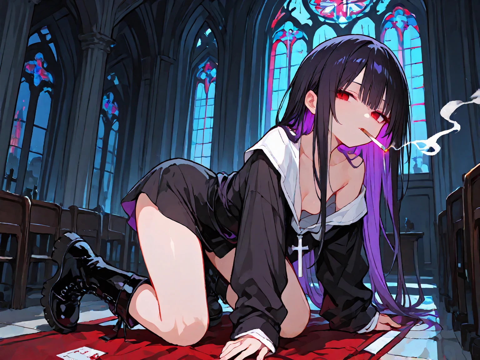 (Ultra-high resolution、masterpiece、8k)Naked Women,far、Official photo、Straight long hair,Purple Hair,Shorn bangs、Big beautiful eyes、There is a mole under the left eye,alone,Big Breasts,,Inside the room,fluffy black robes、barefoot、Masturbation,Slender body、The shape of the female genitalia is clearly visible.,(Large stool coming out of the anus:1.5、Poop pile:1.3),Please put your hands on your buttocks,detailed ,Your body is wet,Sweat,,Desire for dissatisfaction, White Stockings,Big poop coming out of the anus、Steam is coming out from between the thighs,Squatting during defecation、Spread your legs、