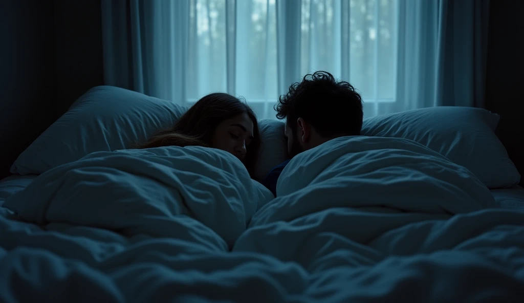 Create an image of a couple lying in a dark room with the bedroom window mysteriously broken