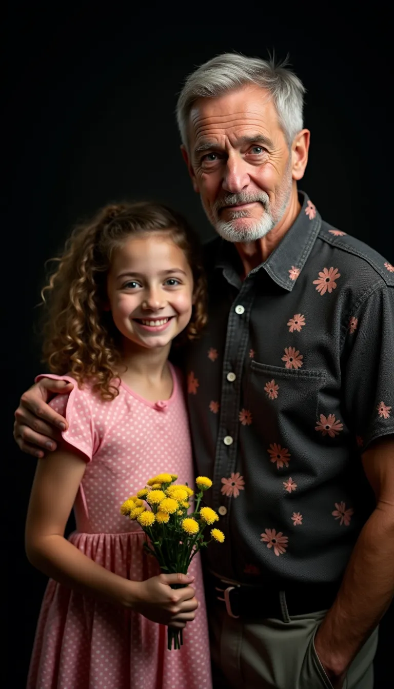 A little boy with blond hairless hair stands in a plain white T-shirt and dark jeans., Next to her, A 60-year-old woman with brown hair in a simple blue dress with no jewelry around her neck holds a large bouquet of flowers in her hands., Against the background of a green garden, really, super detailed, Ultra Detail, detailed clothing, realistic clothes, HD, high quality, detailed hair,  HDr, 8K, Masterpiece 