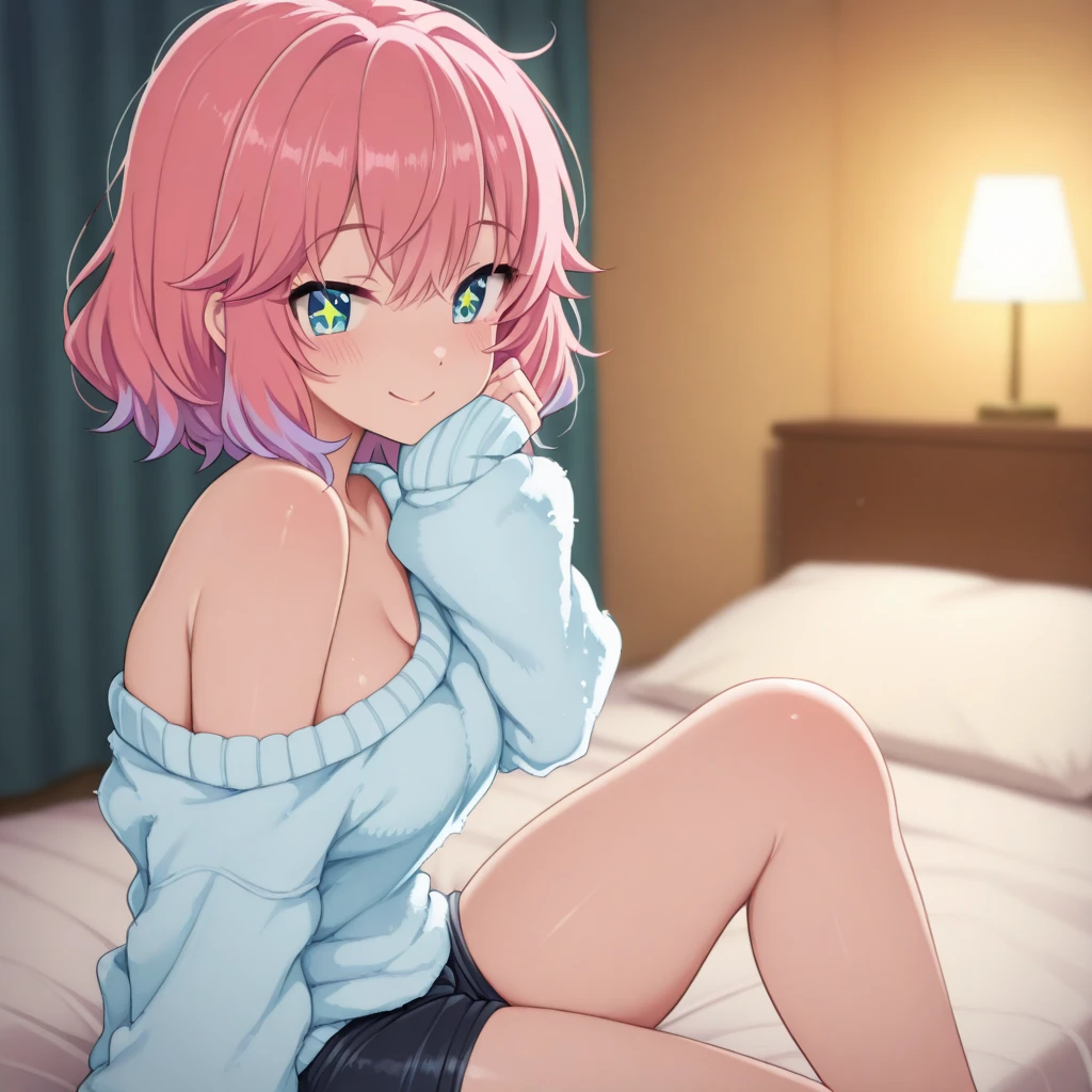 Happy face,Bob Head,Thick pink sweater,white panties,Bare legged,Barefoot,Pink theme,kneeling on the sofa,inside in room,rays of sunshine,with pink hair,a pink eyes,thick thight,sexy for,Face away from the camera