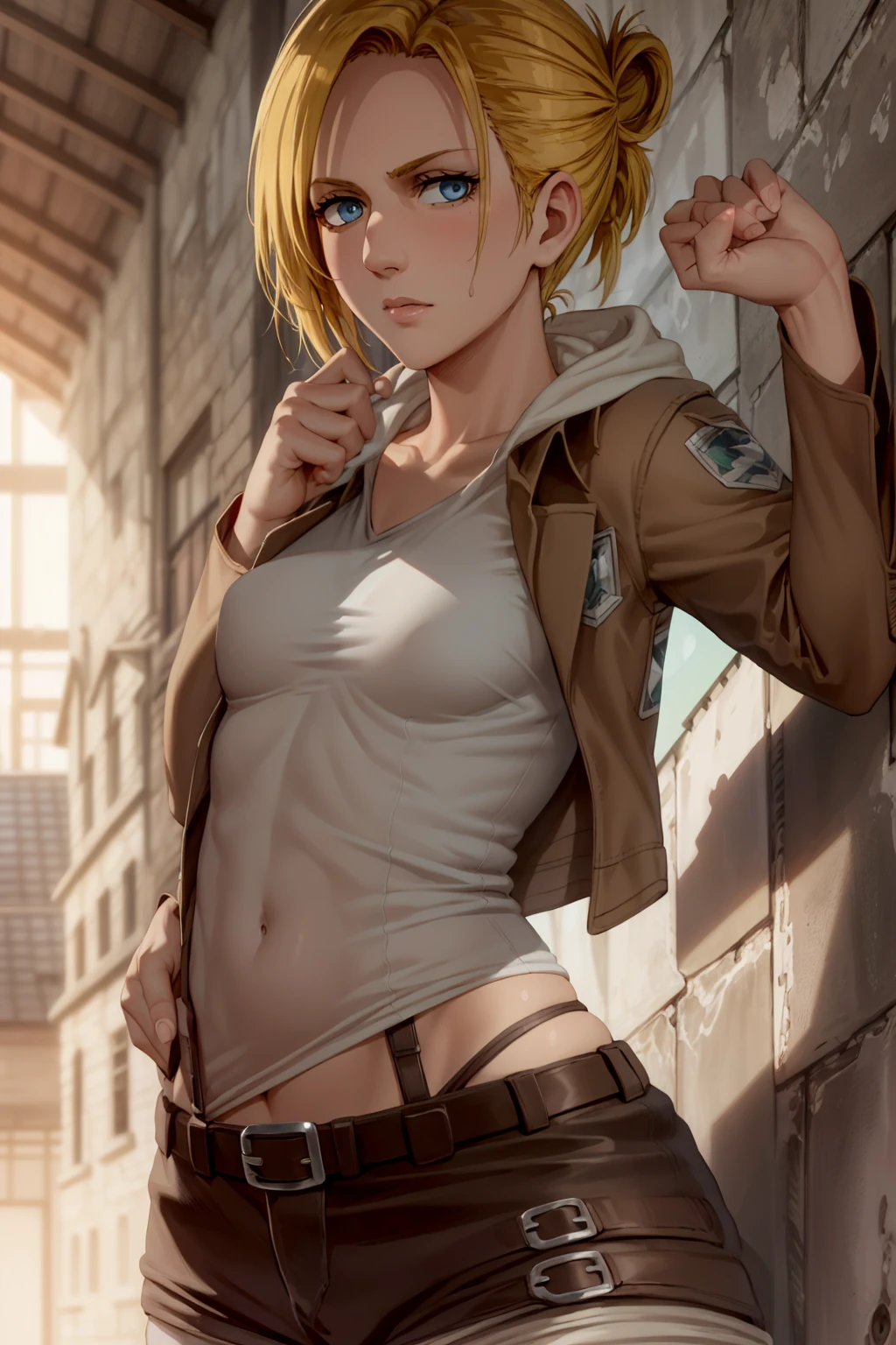 Portrait Of Girl, Face close to the camera, With his back to the viewer, upper-body, the night, Lies,  Erotica, Romantic, closeup face (very detailed eyes, Lips 1.1), Face close, extends his hand to the viewer, gloomy composition, gloomy background, Room, Very detailed. stands on the edge of the roof, gloomy atmosphere, very detailed eyes, grey-blue eyes, Beautiful figure, Ruins, ruined city, very detailed eyes, facing the viewer, Beautiful figure (Proper Anatopy 1.1.), in full height (Body Full 1.1), Slim, Slender figure, shapely legs, Anime style, blonde hair, seras, Very detailed face, Very beautiful face, in full height (Body Full 1.1), small elastic breasts, Beautiful slim figure, femininity，tmasterpiece，beste-Qualit，higly detailed，8K resolution， High Sharp， 8K resolution， higly detailed， 8K UHD， Professional lighting， Photon mapping，physical based rendering， a perfect face， detailed face and body， ray traced， expressive look，elastic small breasts, Heightened sexuality，