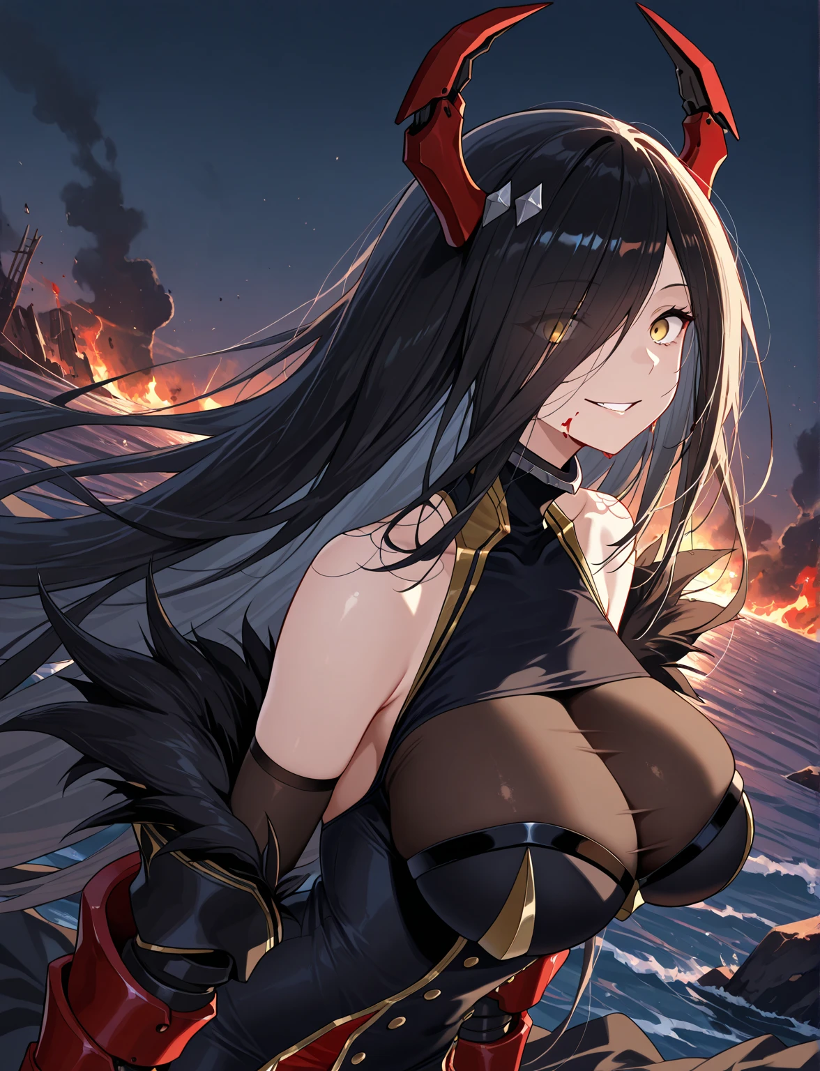 Action Scenes、A female ninja defeats countless tentacles,Burnt and rotten tentacles,((masterpiece,Highest quality:1.3,best quality illustration)), 独奏,1woman,(Mature Japan beauties)、black hair,long hair,blunt bangs,black eyes,gorgeous eyes,((very small head:1.3)),Triumphant,((very long body:1.2)),medium breasts,(tan skin:1.4), (gleaming skin,toned body,slender body, skinny),busted breasts,(Injury),(naked,nipples,navel、vagina),The female ninja shoots a ball of flame from her palm.,Collapsed Buildingoonlit Night、Modern Tokyo、nsfw,