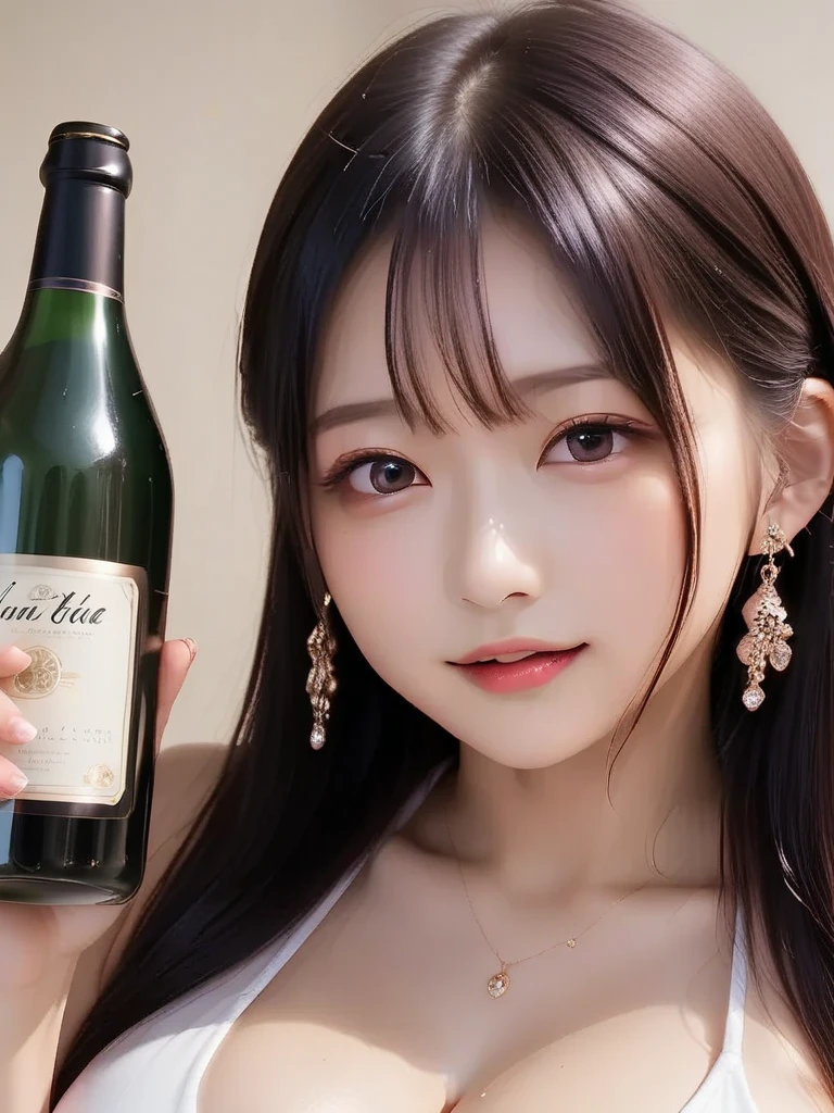 (Masterpiece, BestQuality:1.3), (ultra detailed:1.2), (hyperrealistic:1.3), (RAW photo:1.2),High detail RAW color photo, professional photograph, (Photorealistic:1.4), (realistic:1.4), ,professional lighting, (japanese), beautiful face, (realistic face), cute woman, (Brown Hair, Big Breasts:1.5), (cheerful Smile:1.35), Trending Hair&Trending Hairカラーをランダムに, earrings, necklace, bracelet, sexly, erotic sexly, (Gold Mini Dress、Luxury Party、Provocative smile、holding champagne glasses:1.4), Beautiful location, (Detailed Background))