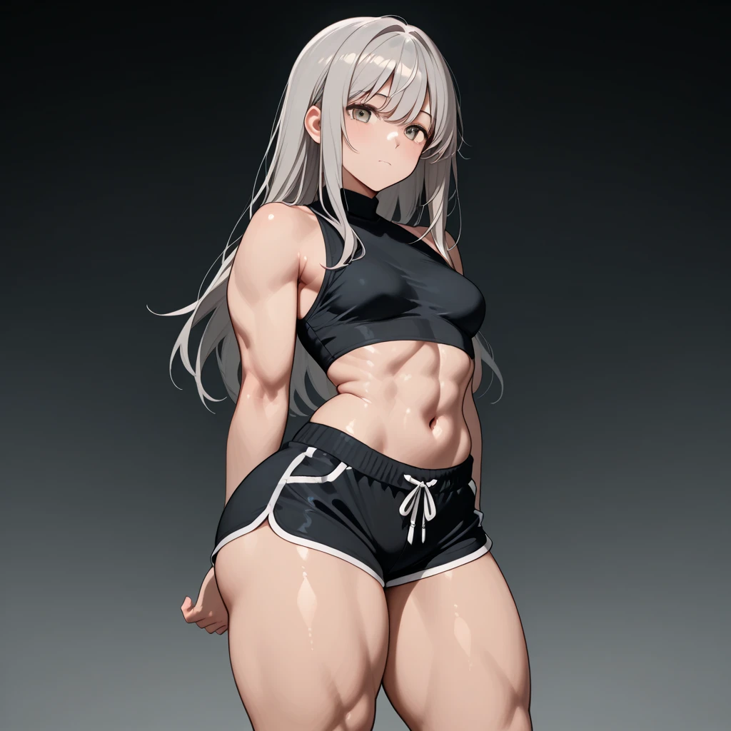 (Masterpiece, plain background:1.2) 1sologirl female full body, standing straight symmetrical feet together looking to camera view from below, strong abs, red cheeks smiling, dark elf, dark skin, long mess white hair, red eyes, circlet, 1990s style retro game