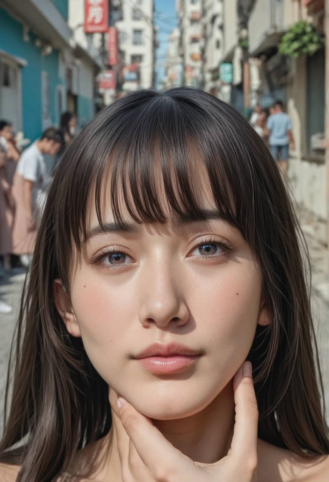 ((highest quality、8k、masterpiece:1.3))、Beautiful and realistic Japanese women、Clear Eyes、Beautiful woman with perfect body:1.4、Slim Belly:1.2、((Layered Haircut、Giant bust:1.2))、(Perfect Anatomy)、 (Beautiful body、Beautiful Skin)、 (Wet Hair,:1.2)、(rainに濡れた白いシャツ)、(rain、street:1.2)、Wet body:1.2、Highly detailed face and skin texture、  Fine grain、double eyelid、Sunburned skin、sexy、hot day、Beautiful Skin、Tanned body、Exposed shoulders、Supermodel、Professional photography、Upper Body