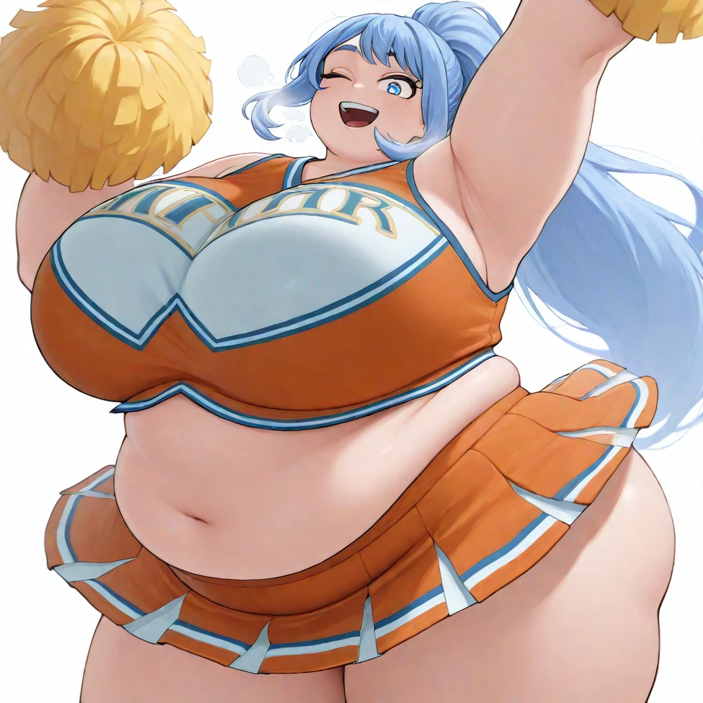maternal smile, blushing, Pompones, uniform, crop top, midriff skirt, miniskirt, crop top overhang, clothes lift, large, sweat, thick thighs, (huge chest 1.5), cheerleader uniform, wet clothes, semi-transparent clothing, erect nipple under clothes, high ponytail, visible underwear, micro thong, (high thong), (standing on one leg), masterpiece, best quality,  Very detailed