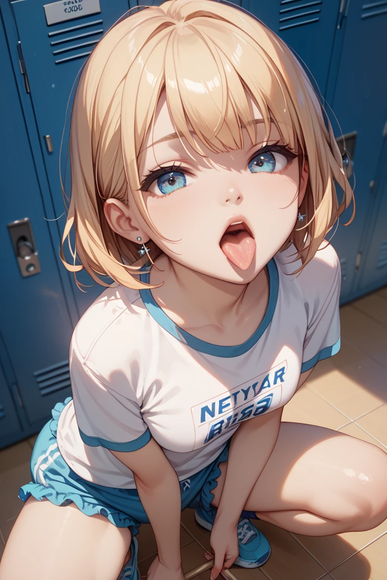 European junior high school girl, beautiful girl, blonde, short hair, small breasts, beautiful legs, crawling on all fours, composition seen from the front, athletics, butt up, open mouth, white skin, white tank top, cleavage visible through the tank top, belly button exposed, very exposed skin, regret sullen expression