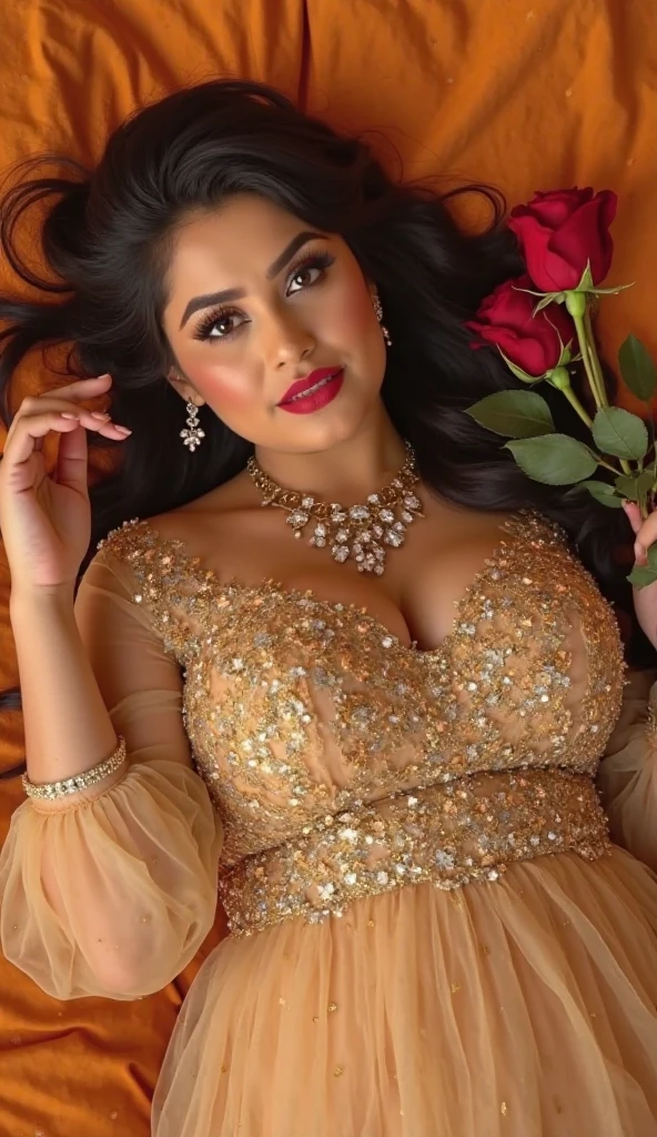 Create an ultra-realistic image of a modern, attractive female influencer of Indian descent, aged between 27 to 30. She should have a warm and inviting smile, expressive almond-shaped eyes with a slight shimmer, and clear, glowing skin with a medium brown complexion. Her features should be well-defined, with high cheekbones and a sharp jawline. Her hair should be long, thick, and styled in a classic chignon with delicate pearl hairpins, with a deep, reddish-purple hue that’s bold yet sophisticated. She should have a slender yet athletic build with ((gigantic breasts (plump: 1.3))) (((she wear an avant-garde dress using paper cloth or a paper-like fabric that has a crinkled, textured finish. The dress should be a statement piece with an asymmetrical silhouette, featuring layers of overlapping paper panels that create a structured yet organic look. The paper cloth should be a neutral color, such as white, beige, or light gray, allowing the unique texture to be the focal point. Design the dress with a strapless bodice that flows into a voluminous skirt with irregular, jagged edges that resemble torn paper. The bodice should have a sculptural quality, with folds and pleats that add dimension and interest. Consider adding subtle embellishments like metallic accents or hand-painted details to enhance the artistic feel of the dress.))))