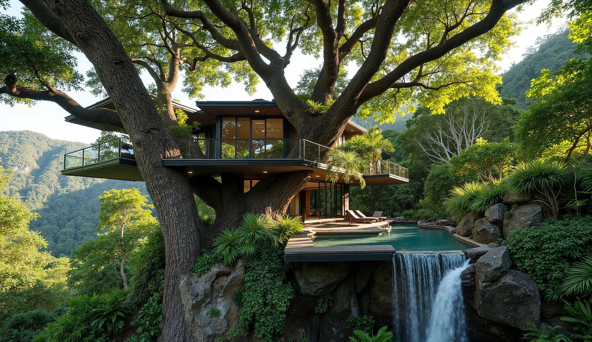 treehouse、A modern mansion standing on a giant tree、There is a luxurious pool、A waterfall cascades down from natural bedrock、