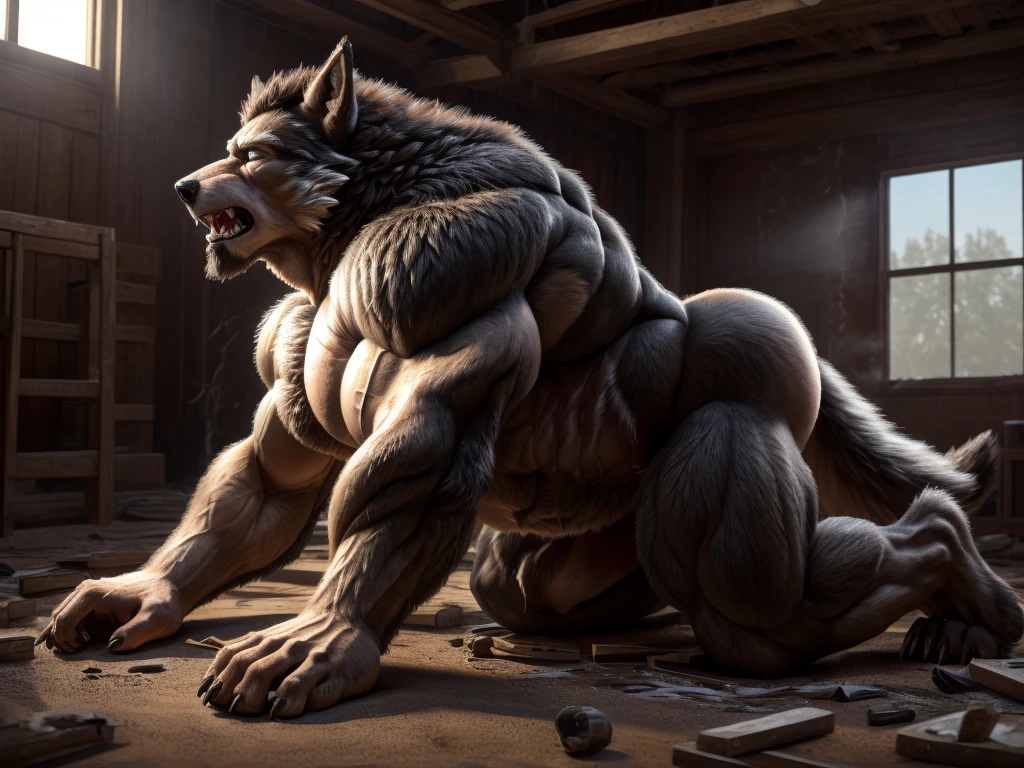 full body image, bedroom setting, (night), solo
BREAK, on all fours, woman, (transformation, species transformation:1.3) into (wolf), mid transformation, (brown fur, thick fur, detailed fur:1.2), (muscle_growth, extreme muscle, visible spine:1.2), flowing ginger hair, plump breasts, pained expression, glowing yellow eyes, open mouth, teeth, wearing dirty sweat stained grey bra, wearing sweaty grey panties, (panty_pull, pulling her panties down, exposed furry vagina:1.2), orgasming, struggling to fit in clothes, bouncing breasts, breasts ripping bra, one breast exposed, finger claws