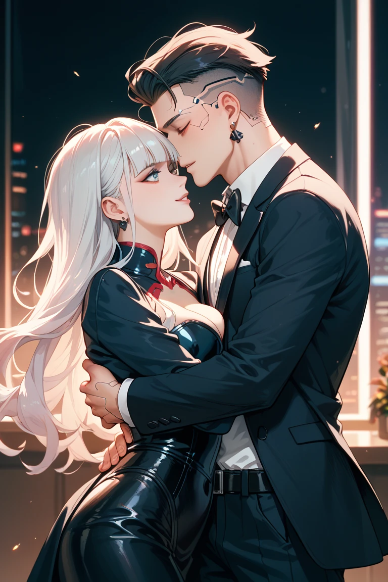 2girls, (one is a female elf, short red hair, blue eyes, curvy body, full pouty lips, off the shoulder black mini dress, black high heels) (other one is a female elf, short blonde hair, blue eyes, slim body, full pouty lips, black lace mini dress, black heels) Dancing super close at a dance night club, facing each other, kissing passionately, lips pressed together
