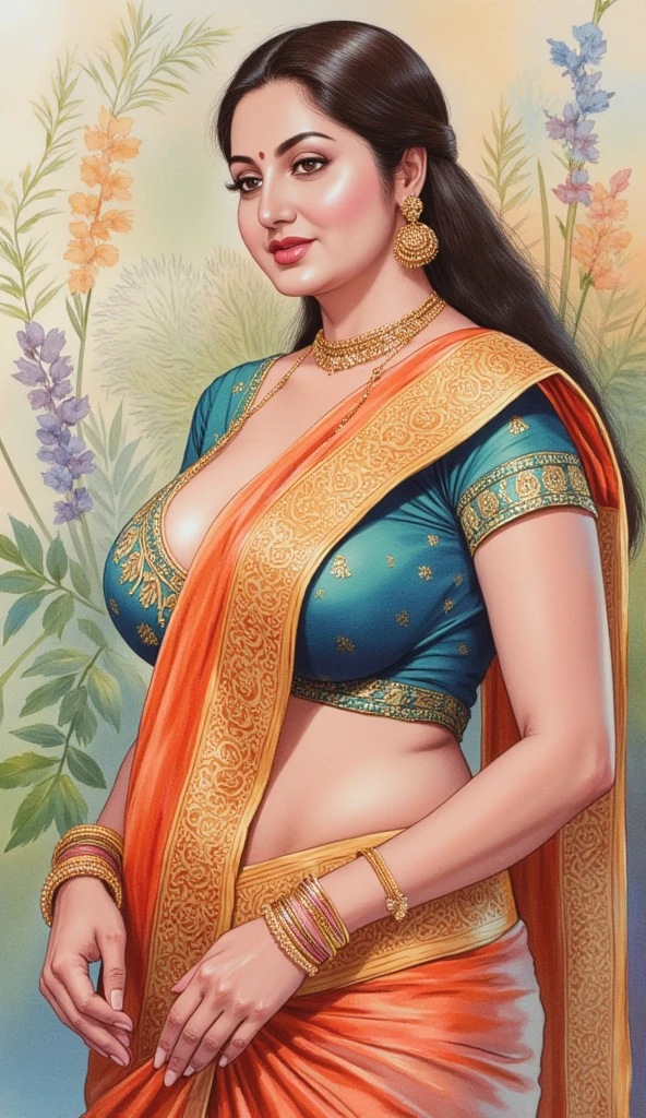 a Portrait of women named wearing traditional saree, 35 year old, perfect Indian woman, long stylish hair, wet hair, seductive, ((big breasts and cleavage)) , wet lips, She is standing next to a bike with a yellow background and, by Quentin Tarantino, 1girl, bracelet, brown_hair, jewelry, letterboxed, lips, long_hair, makeup, big_breasts, midriff, nail_polish, navel, nose, orange_sky, realistic, solo, sun, sunset, tattoo,wristband, yellow_background, yellow_sky, beautiful detailed glow, detailed, Cinematic light, intricate detail, highres, detailed facial features, high detail, sharp focus, smooth, aesthetic, extremely detailed, stamp, octane render,