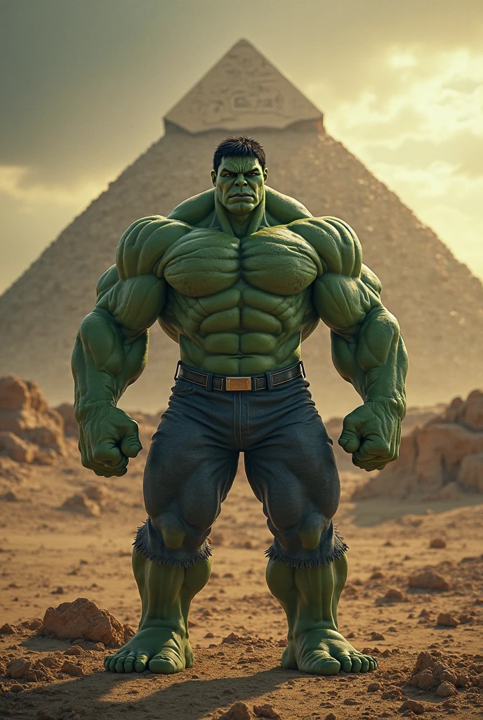 Hulk from marvel,view from side, stand pose, side body profile, Photo taken during the day in the desert, lots of sunshine and intense sunlight, dry skin, muscular muscles, blood vessels exploding, muscles clearly visible behind the skin, fat percentage 0%
