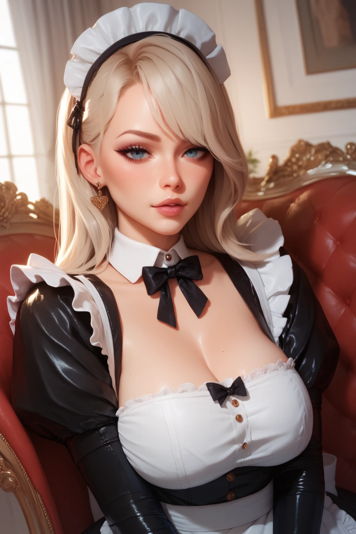 (score_9,score_8_up,score_7_up), source_anime, Gothic blonde Lolita, cleavage, midriff, red eyes, long hair; sexy, cute, zPDXL2, being bored. 1girl, black chocker
