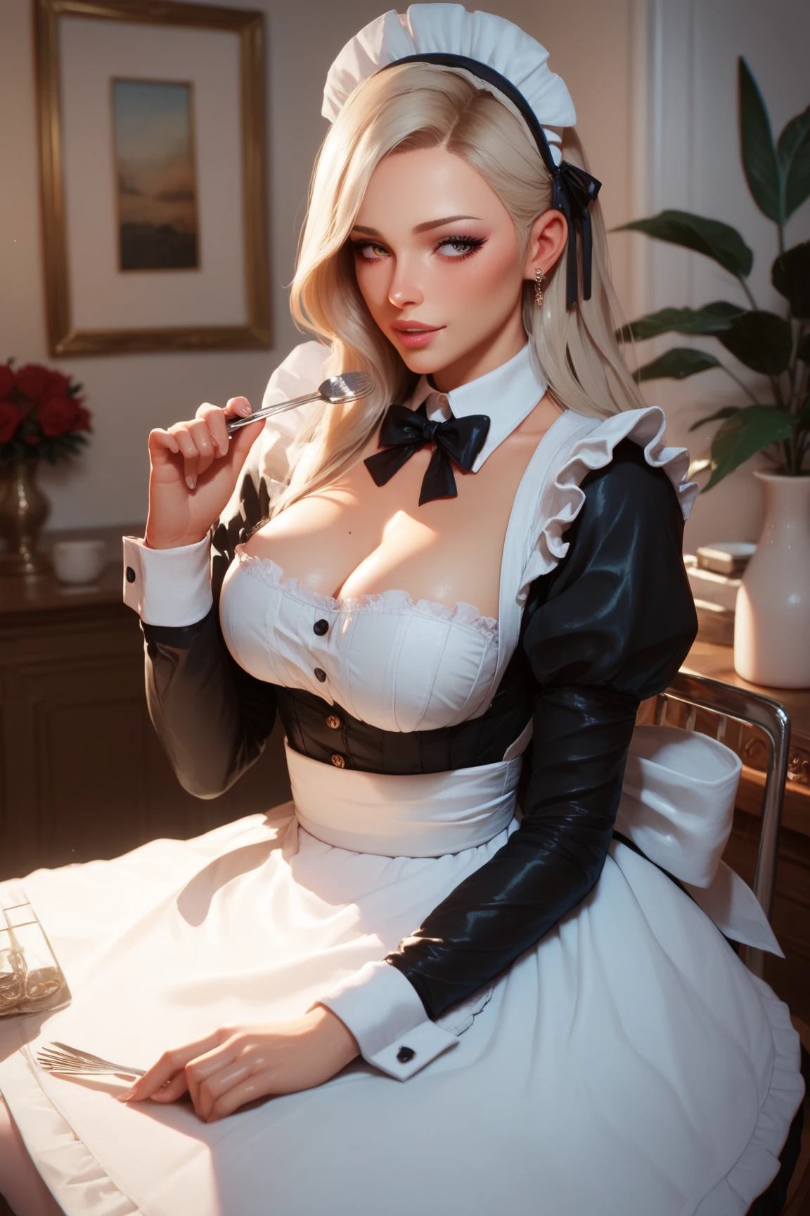 Uma mulher madura,cabelos loiros compridos sedosos,olhos azuis, thin lips, rosto redondo, seios enormes,quadris largos,wearing a maid uniform,refinada,tom de pele branco, uniforme negro tradicional, submissive and naive look
