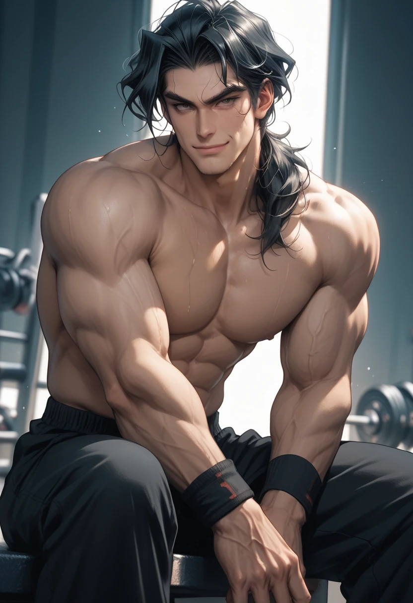 1guy, solo, muscular, browb eyes, black hair, long hair, glaring, pretty boy, gym, fitness, facing camera, detailed face, best quality, high quality, highly detailed