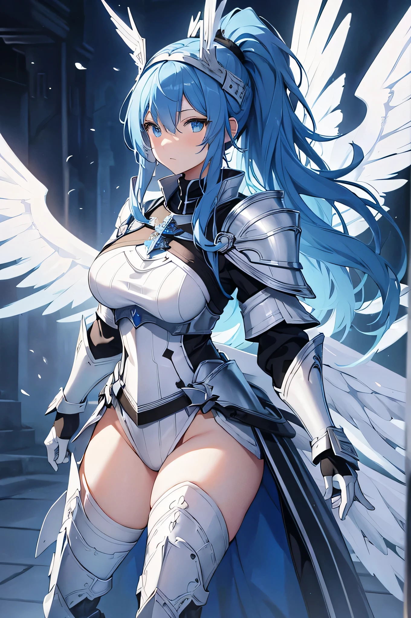 4k,High resolution,one woman,White light blue hair,long hair,Braid,big breasts,swordsman,black leotard armor,Winged headgear,big sword,medieval town