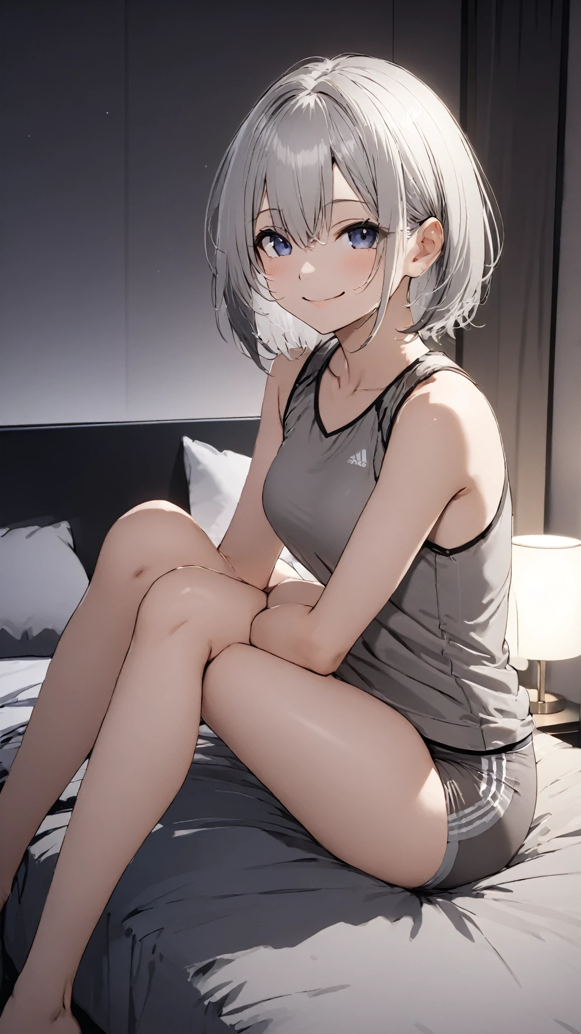 (masterpiece), best quality, BREAK, expressive eyes, (perfect face), 1woman, BREAK, (medium hair, white hair), BREAK, (lavender eyes, detailed eyes), BREAK, (happy smile) BREAK, (short heigh), BREAK, (white t-shirt) , BREAK, (black leggins), BREAK, (black sport boots), BREAK, (fitness room), BREAK, (exercise)