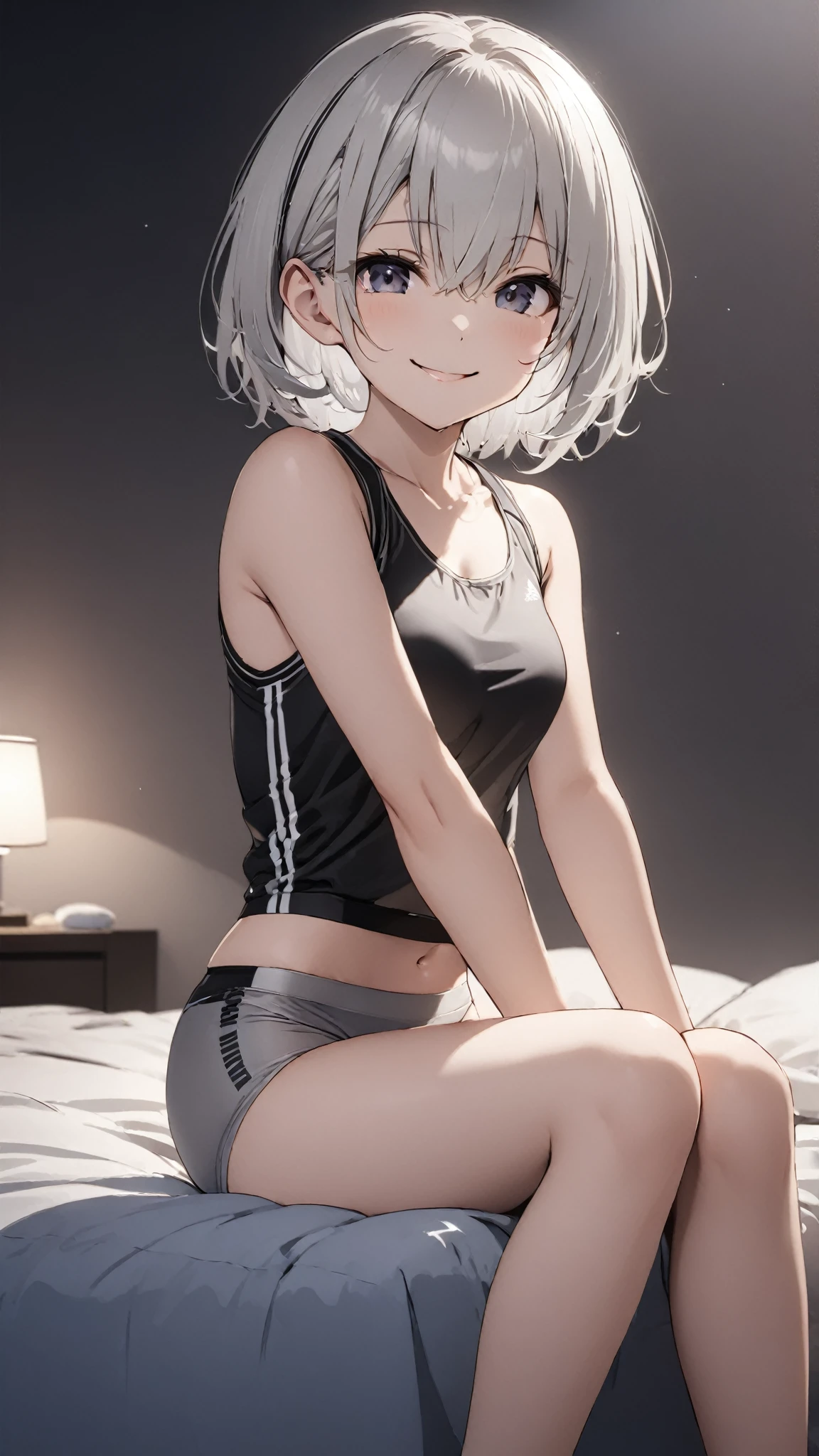 (​masterpiece, top-quality, hight resolution:1.2), pov, 1girl, solo, Little girl, short stature, large breasts, short hair, (white blonde hair:1.2), Beautiful eyes, Shining eyes, blush, gym uniform, (sweat, sweatdrop:1.2), wet clothes, (bra visible through clothes:1.2), barefoot, (sitting:1.5), (m legs:1.8), (arms behind back:1.5), night, bed, white sheets, white pillow, nsfw