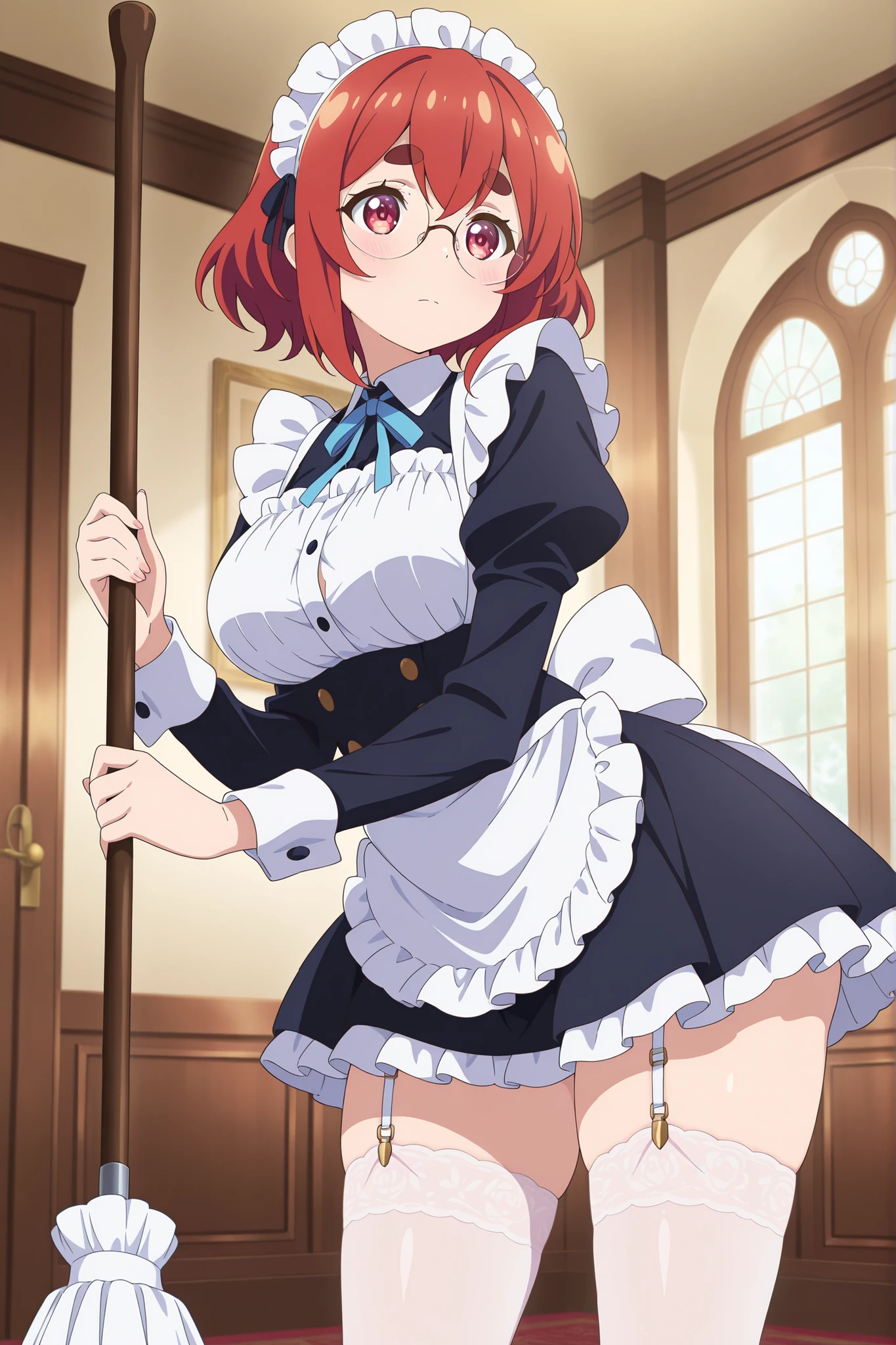 (Masterpiece:1.2, high quality:1.2), (solo:1.2), (1girl:1.2), (pixiv:1.4), (Rias gremory), indifferent, (glare:0.8), green eyes, (detailed eyes), double eyelids, black eyeshadow, long eyelashes, pale red lips, beautiful face, detailed face, neckline, busty cleavage, (beautiful round breats:1.2), school uniform, unbuttoned shirt, pleated skirt, skirt lift, white panty, exposed pantyhose, detailed pussy, (pov from below), stockings, leaning on desk, beside window, windowsill