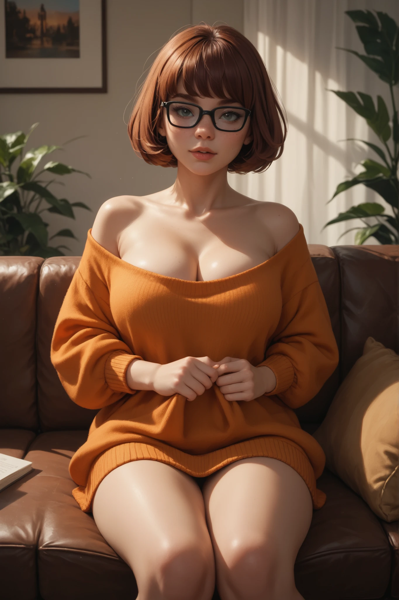 Velma Dinkley, wearing sexy, big chest, sitting on the couch