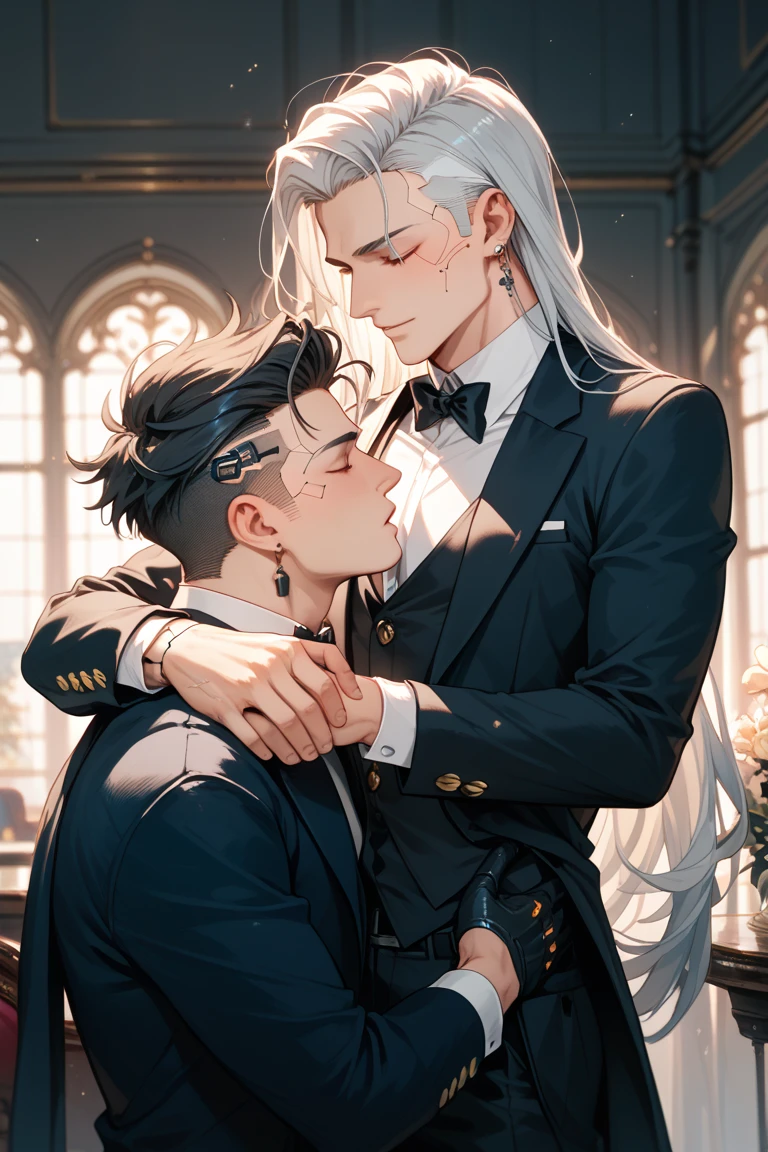 (absurdres, highres, ultra detailed, HDR), masterpiece, best quality, 2boy, handsome, very long hair, finely eye and detailed face, (white collared shirt), dimple, forehead, night park, starry sky, midnight, kissing, anime style