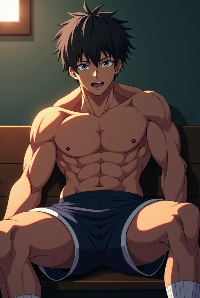 A boy in the Japanese anime theme brown hair brown eyes muscular shirtless his blue shorts and on his right leg and slides he wears a black white briefs on the other side would be sexy sweating erection penis in a locker room and touches with his hand his briefs facial expression embarrassed roar pleasure
