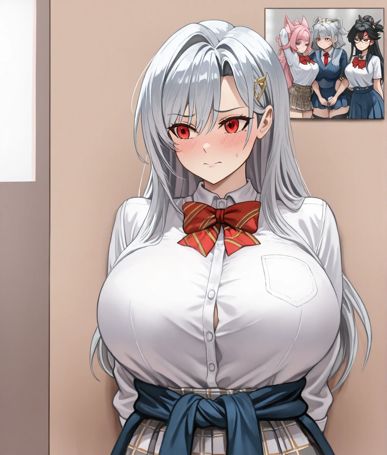 slim, (wide hips, thick thighs), scared, slender, looking at viewer, bound arms, arms behind back, (dress shirt, tie, pencil skirt), in office building, (masterpiece), (best quality:1.2), absurdres, intricate details, (highly detailed skin:1.2), <lora:bound_arms_v1-000006:1>, heterochromia,