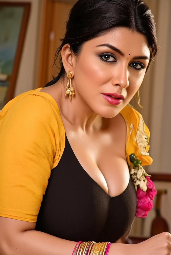 Create an extremely sexy portrait photo of celebrity, woman, kaja, a 40-year-old hot MILF, celebrity actress. This photorealistic upper body portrait should feature Nayanthara as a curvy, busty woman with swooping breasts and deep cleavage. She has extremely sexy dark juicie armpits , Her  figure is emphasized, with her arms open to reveal sexy armpits. She wears a necklace and is situated beside a temple in a forest, stripping off a shiny black mini-wear outfit. Her hair is styled in a ponytail. The image should showcase an insanely detailed, realistic skin texture, capturing every nuance of her allure.