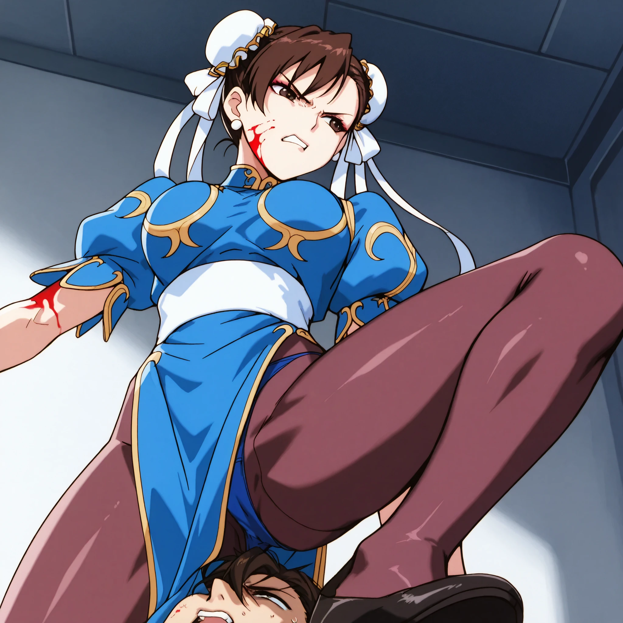 score_9 , score_8_up , score_7_up , source_anime ,looking back,Hip, score_9 , score_8_up , score_7_up , , jinx from leagueoflegends, 1girl, chun-li, pantyhose, chinese clothes, bun cover, china dress, double bun, hair bun, sash, large breasts, pelvic curtain, brown hair, jewelry, brown eyes, spikes, eyeshadow, cowboy shot,blue panties,angry face, 

angry face,Stand on your crotch , lying face up, very detailed texture with femdom stepped on , foot on face,Hip,Low-angle shot,
1girl 1boy,,score_9, score_8_up, score_7_up, score_6_up, score_5_up, score_4_up,,Disconnect, Bruises, damage,The boy recoils,
(Disconnect, Bruises, damage,Covered in blood),The boy's face is covered in blood
