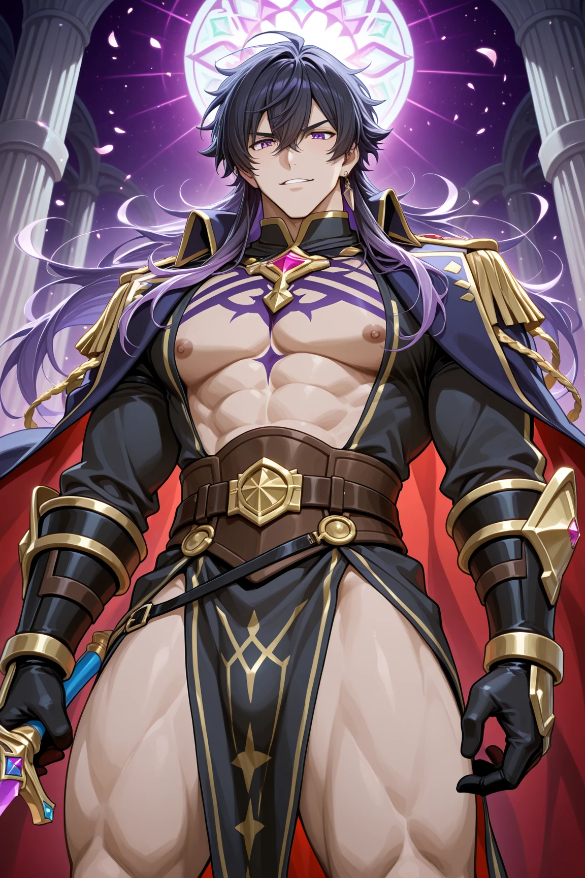 1boy, toned, sharp cat ears, cat tail, dark purple messy hair, wide dark blue eyes, cosmic powers, HD, masterpiece, vibrant, black boots, dead expression, slim purple armor, full body view, black cape