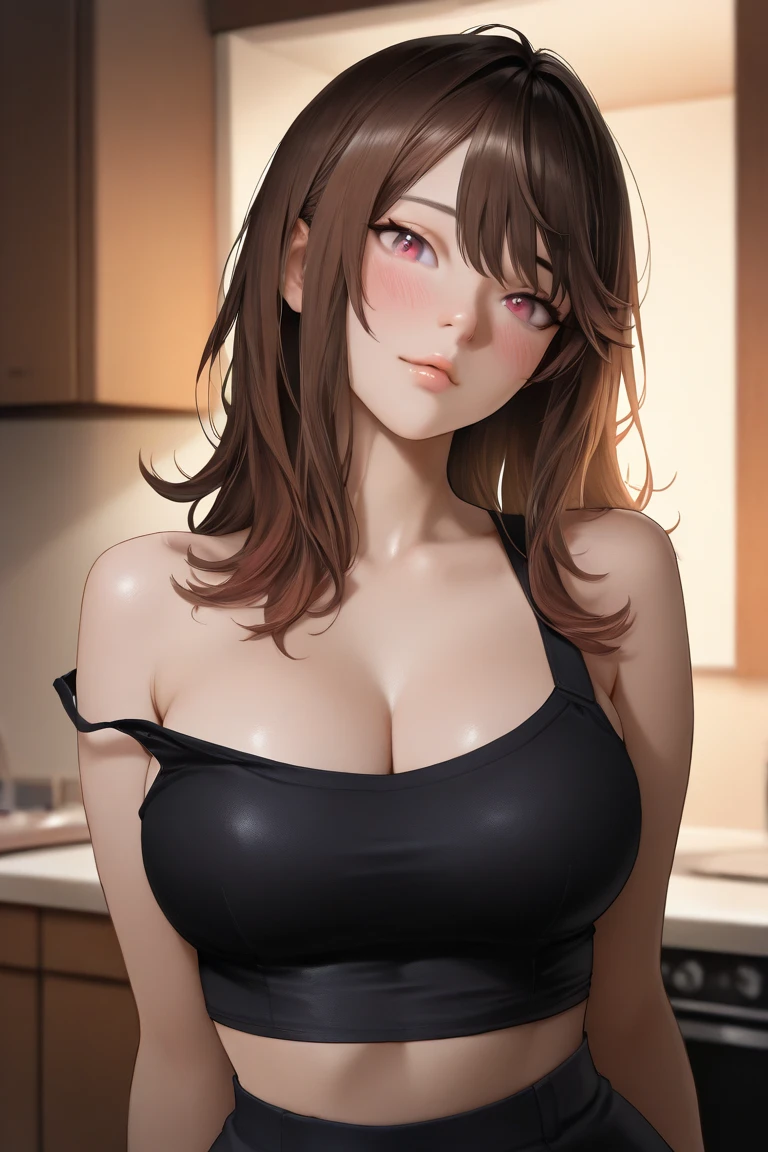 ((((masterpiece, of the highest quality, High resolution)))), Extremely detailed 8k, Beautiful girl with a voluptuous body, (ultra high definition, Super detailed, Very detailed, very realistic, ultrarealistic, Real photo), (A girl:1.5), (realistic red hair), (long wavy hair, hair ornaments, earrings), (dynamic pose), to the camera, See your viewers, (blush, embarrassing, smile), (hazel eyes, sharp eyes), (large and firm breasts:1.2), (beautifully detailed face, Beautiful attention to detail), ((black tank top, fine material, lace underwear)), (detailed pussy), (Stand), sweat, shine, (Sun ray, sunlight), ((cowboy shot)), bedroom, fascinating