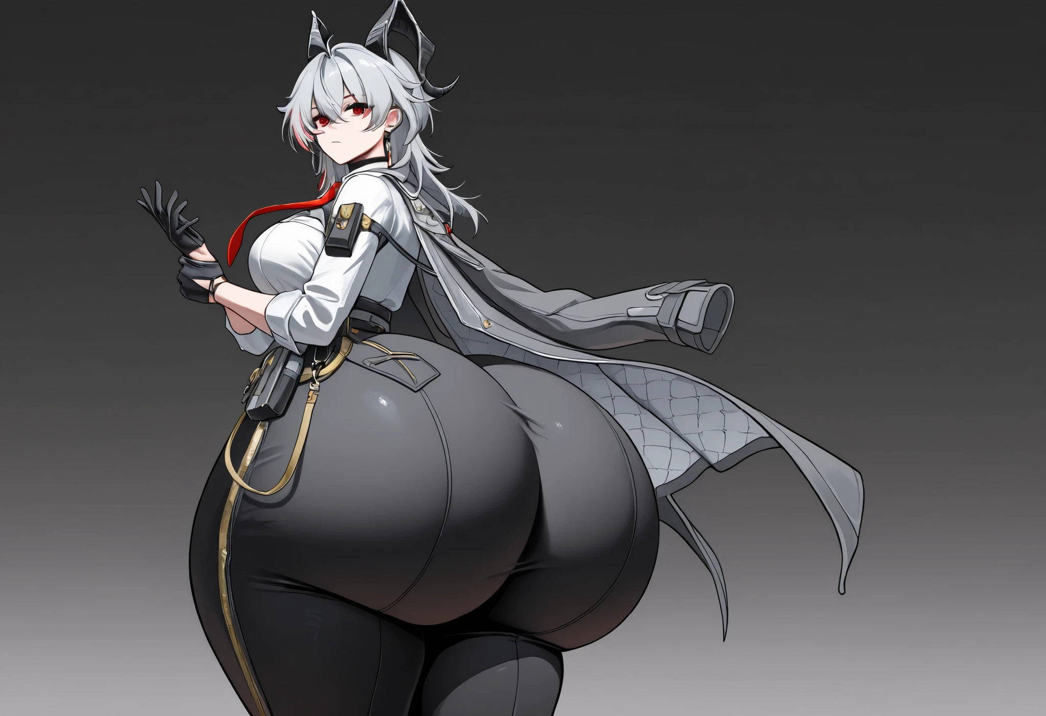 masterpiece, best quality, solo, 1girl, z4ni, expressionless, looking at viewer, standing, adjusting gloves, long hair, multicolored hair, grey hair, hair between eyes, goat horns, demon horns, red eyes, grey coat, coat on shoulders, white shirt, collared shirt, red necktie, long sleeves, black gloves, black pants, earrings, black choker, large breasts, grey background, abstract background, Wuthering Waves, ((gigantic butt: 1.8)), looking at you, back view