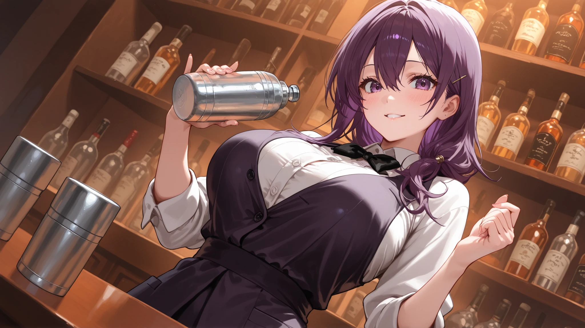 score_9, score_8_up, score_7_up, source_anime, 1girl, fern \(sousou no frieren\), purple hair, long hair, blunt bangs, half updo, open robe, reveal clothes, cleavage, long dress, drunk, three sided view, gothic 