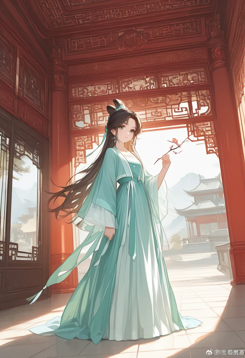 there is a woman in a blue and white dress standing in a room, palace ， a girl in hanfu, artwork in the style of guweiz, hanfu, chinese style, inspired by Ma Yuanyu, by Yang J, trending on cgstation, guweiz, wearing ancient chinese clothes, inspired by Hua Yan, inspired by Pu Hua