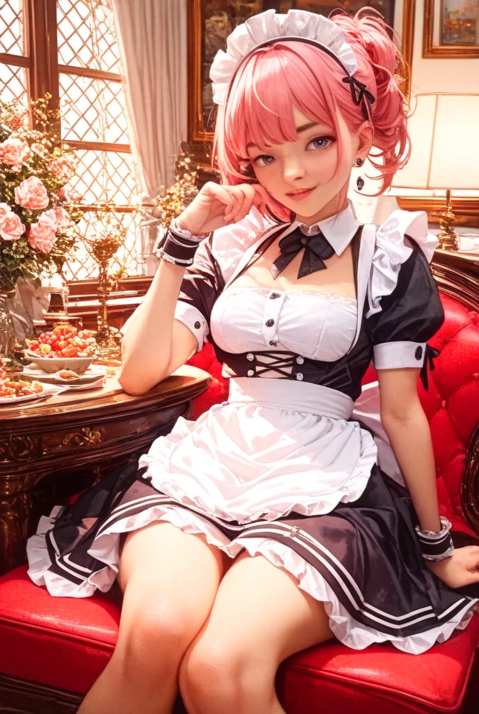 (((masterpiece))),(((High resolution)))、(((8K quality)))、(((Perfect Face)))、((Top quality eyes)), One girl、24-years-old、Best Bust、Medium chest、Beautiful Eyes、hot pink hair, very short hair、blue eyes, French maid、cowboy shot, blush、The rich mansion、Luxurious Rooms、Luxury furniture、((skirt lift))