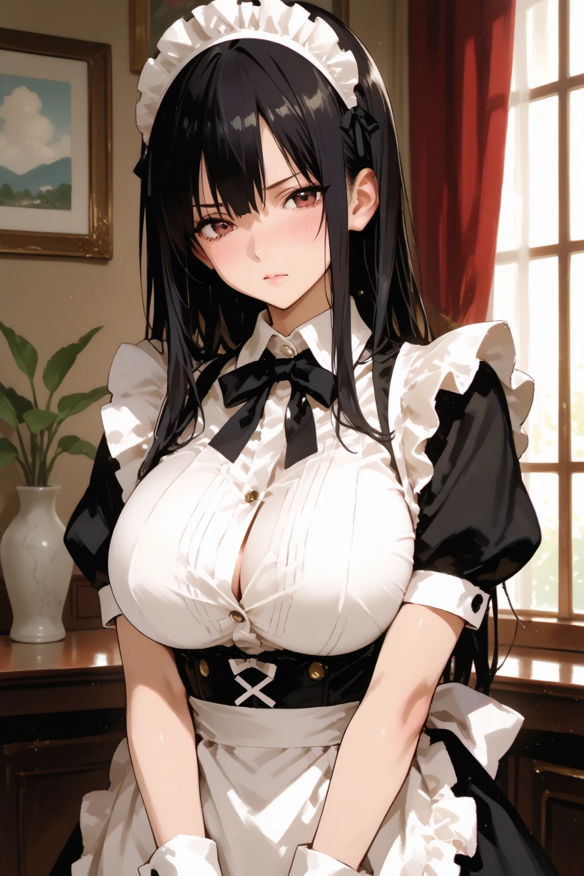 (highres), (absurdres), (best quality), (high quality), (masterpiece), 1girl, komi_shouko, purple eyes, long hair, hair over one eye, very long hair, purple hair, (large breasts1:2), hair ribbon, maid, maid headdress, apron, frills, frilled apron, puffy sleeves, short sleeves, white gloves, white thighhighs, arms behind back, looking at viewer,