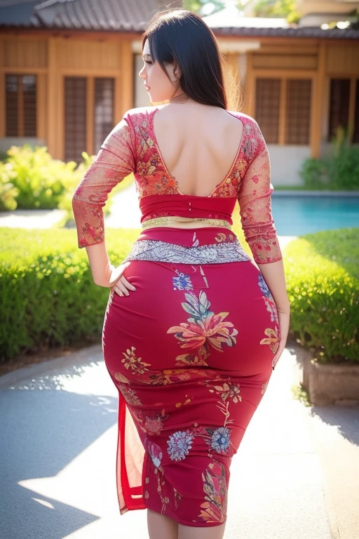 Bali Woman in tample, curvy body , wearing kebaya bali, beautiful woman, very detail ,pawg, long legs ,thick high, full body in camera, from side, big booty, balinese kebaya bali