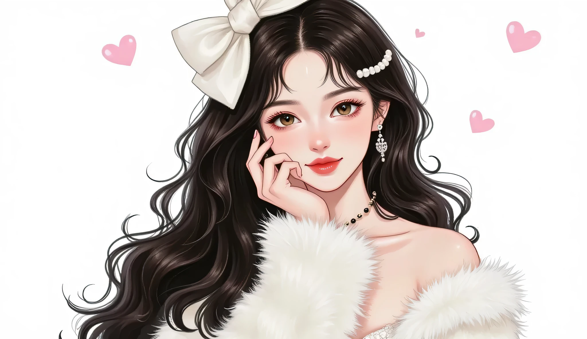 a glamorous young woman with long black hair and cold eyes, wearing a luxurious white outfit, soft douyin-style makeup, close-up portrait, looking down slightly with a disdainful expression --v 6 --ar 2:3 --style manhwa --style semi-realistic