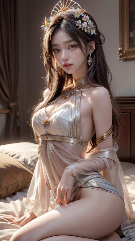 A girl lying on the bed, face up, with her legs slightly raised, extremely detailed beautiful , 4k, 8k, film, full body, lying down, long legs, barefoot, jade feet, full body capture, (((Lying on the bed)), (((Lying on the bed)), (((Lying on the bed)), large bed, lying on the bed, head on the pillow, high quality, realistic, Surreal, beautiful skin, flawless complexion, beautiful eyes, long eyelashes, delicate features, beautiful lips, elegant posture, natural light, cool tones