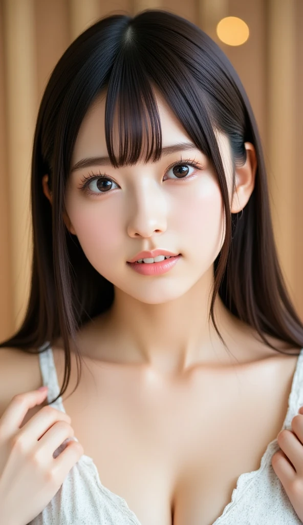 Shining, clear, white skin、Her windblown black hair hides her beautiful face.、huge、Sexy beautiful face of 28 years old、Beautiful straight hair that stands out、growing up, glowing light brown eyes、Sexy long silky bangs covering the eyes, Sexy young woman with super long hair hiding her sexy face、Shiny black hair、(((Sexy Woman)))、The cleavage is visible,Red sexy dress