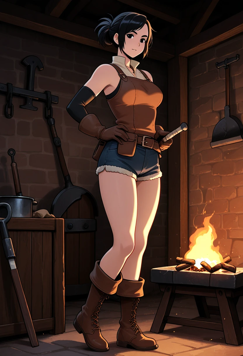 flat chests, nsfw, masterpiece, 1 girl, erect nipples, intricately detailed, topless, navel, bare shoulders, necklace, blonde, short hair, baggy pants, dwarf, leather belt, hammer, blacksmith, smithy, stones, rocks, extremely detailed, photorealistic, octane render, 8 k, unreal engine, bare breasts, , yellow eyes, head goggles, bare stomach, sweaty, moist breath, ((child)), arm strap, fire, one side braid, 1 ear exposed, bangs, bandana, short stature, smiling, freckles, gloves, fireplace, cargo pants, petite, holding a hammer